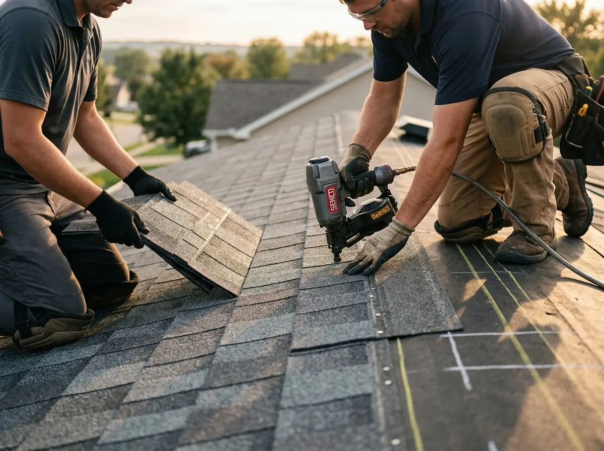 Professional roofer working on a residential roof in Potomac Park